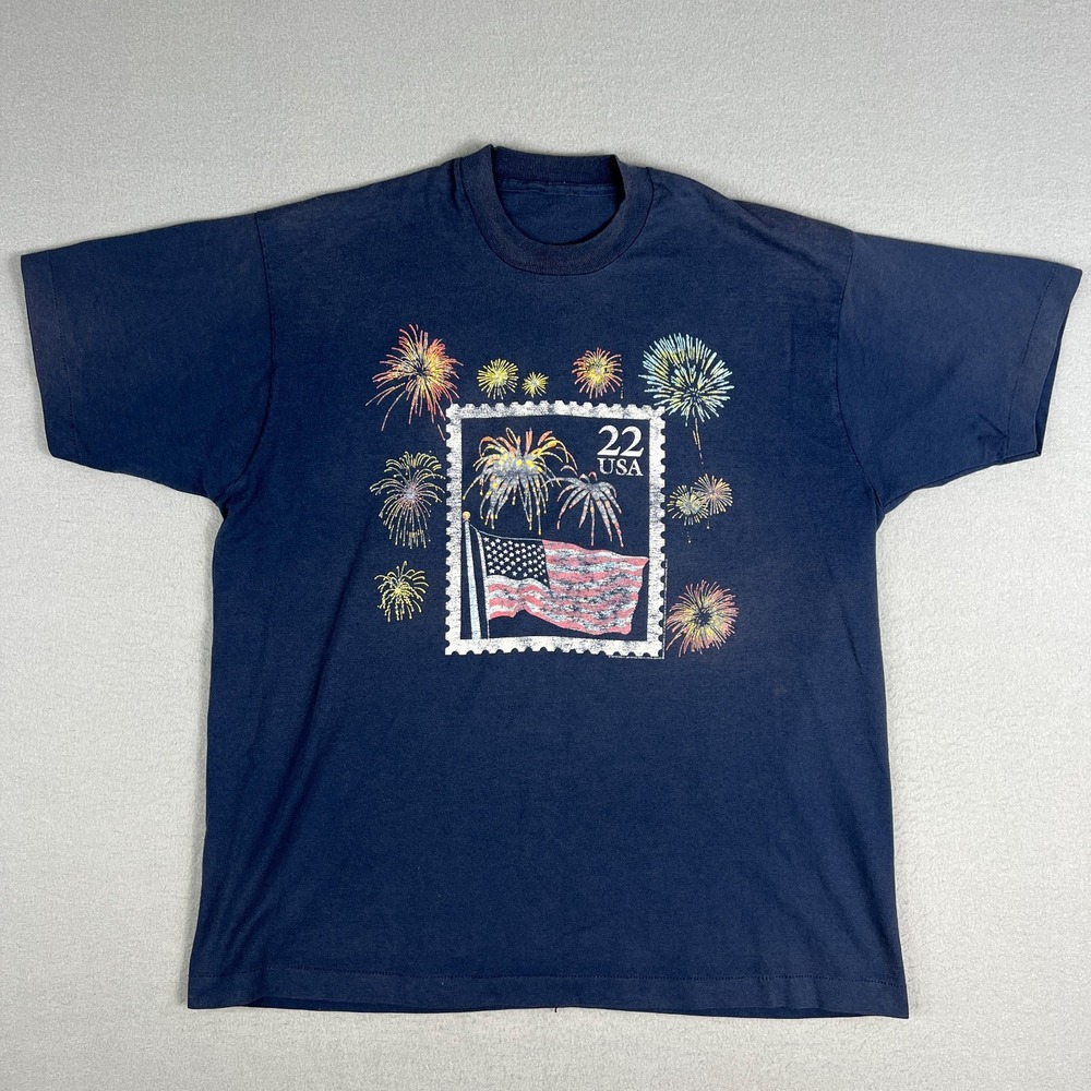 VTG 1987 Flag With Fireworks Postage Stamp T Shirt Fits XL 80s 22 USA Distressed